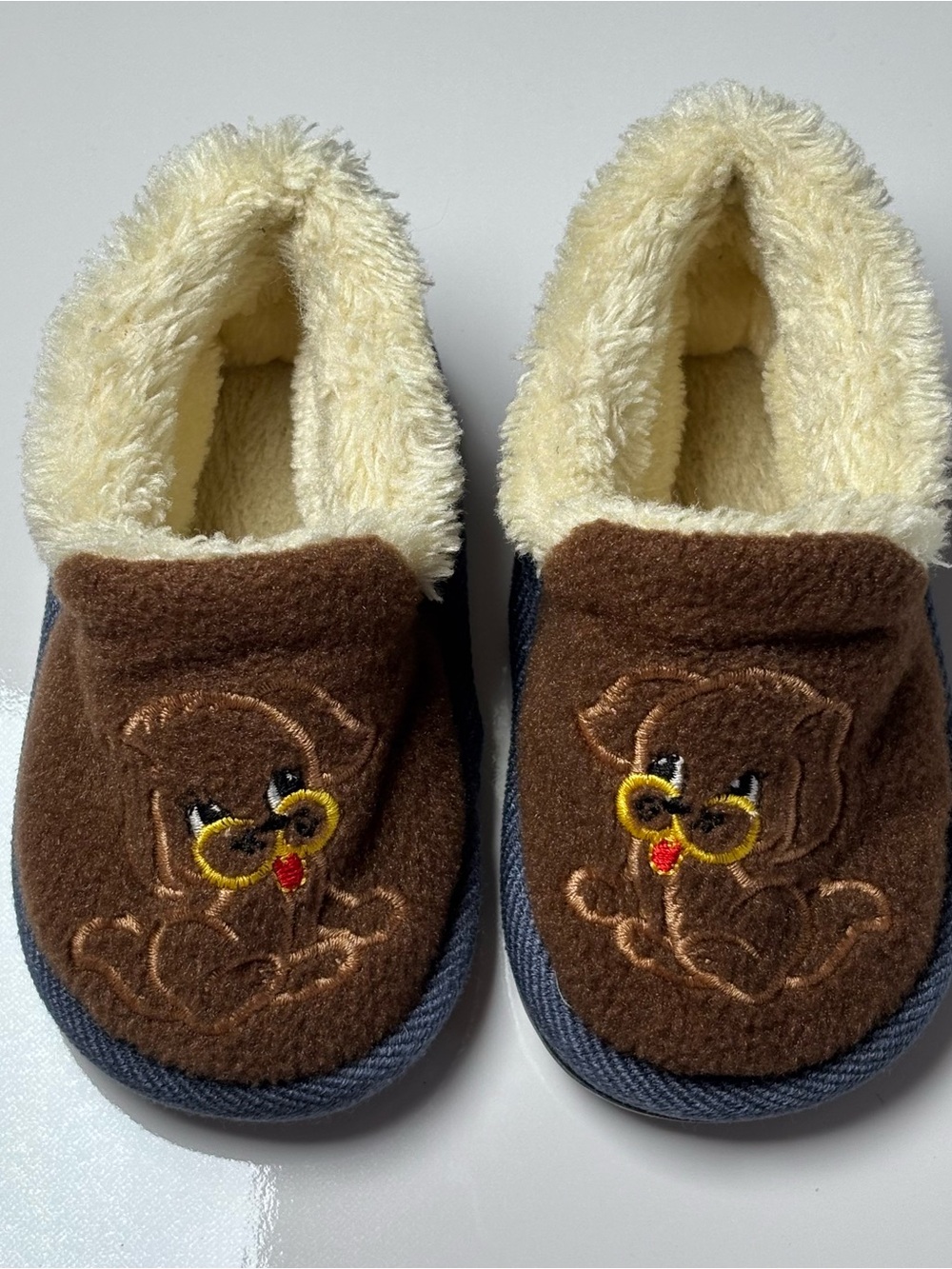 Puppy Dog Faux Fur Slippers Brown Vintage Retro Style Size 4-5 Navy Blue - Picture 7 of 9